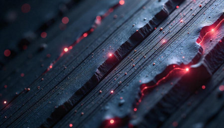 Abstract dark tech surface with red glowing details imageの写真素材
