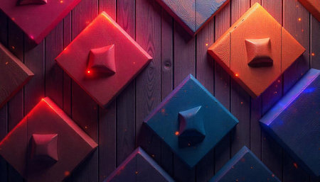 Colorful wooden diamond pattern creates striking visual on wood background