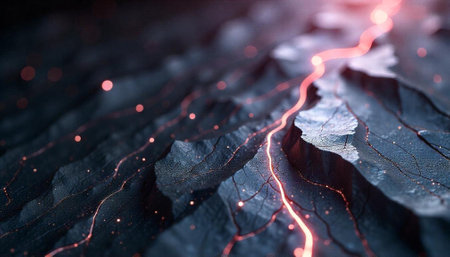 Abstract topography with glowing streams and scattered light points