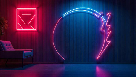 Neon shapes illuminating a stylish modern interior design conceptの写真素材