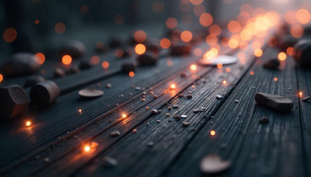 Illuminated rustic wooden surface with scattered decorative elementsの写真素材