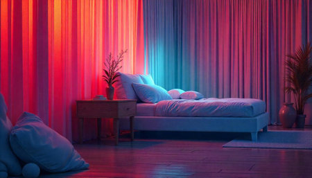 Cozy bedroom with creative lighting and elegant decorationの写真素材