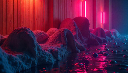 Abstract textured landscape with vibrant neon lighting and water reflectionsの写真素材