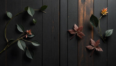 Floral arrangement on dark wood panels creating a nature sceneの写真素材