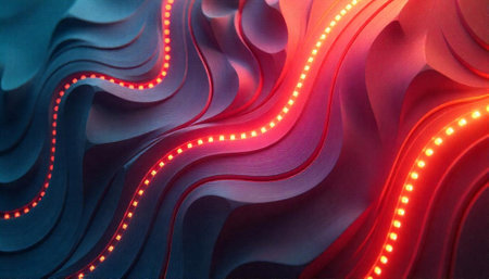 Abstract blue and red wavy shapes with glowing linesの写真素材
