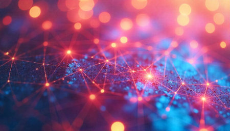 Abstract network connections with glowing lights on colorful background