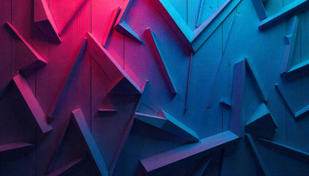 Abstract wooden shapes with neon pink and blue lightingの写真素材