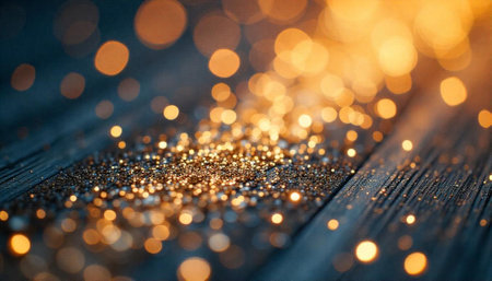Elegant golden bokeh on dark wooden surface backgroundの写真素材