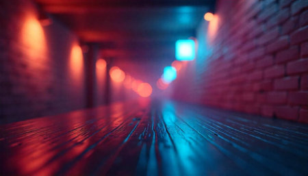 Abstract neon-lit tunnel with brick wall and wooden floorの写真素材