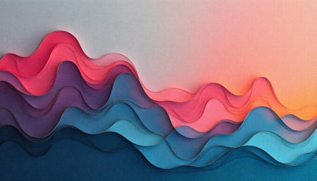 Abstract layered waves with gradient colors and textured backgroundの写真素材
