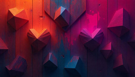 Abstract geometric hearts on wooden planks with vibrant color gradientの写真素材