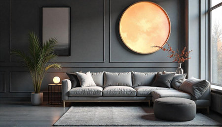 Stylish living room interior with modern gray sofa