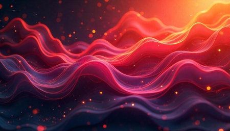 Abstract red and orange wavy lines with glowing particles