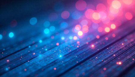 Abstract wooden planks with neon lights and bokeh effect