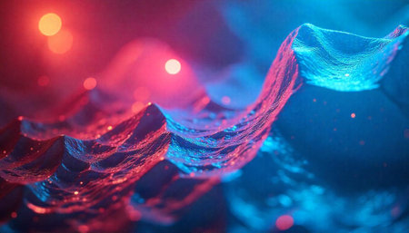 Abstract iridescent waves illuminated by red and blue lightの写真素材