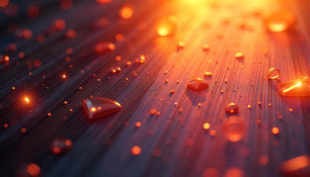 Abstract water droplets on wooden surface with warm lighting