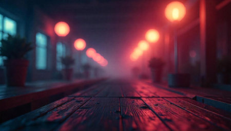 Dimly lit hallway with red lanterns and wooden floorの写真素材