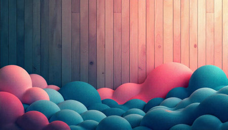 Abstract pink and blue spheres against a wood plank wall