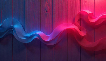 Colorful ribbon flowing across wood paneling bathed in neon lightの写真素材