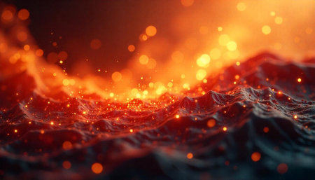 Abstract fiery landscape with bokeh lights over wavy formsの写真素材