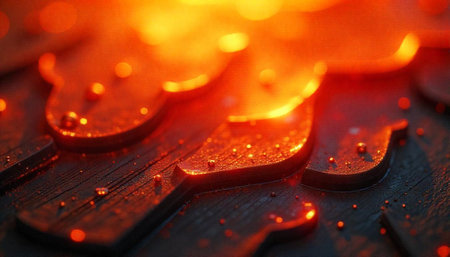 Macro shot of dark wooden tiles with orange illumination