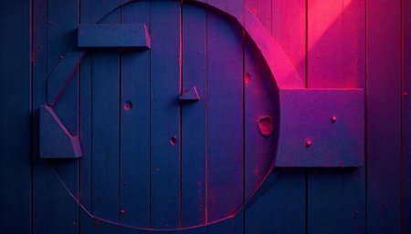 Abstract painted wooden surface with geometric shapes and neon lightの写真素材