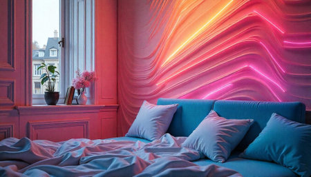 Modern bedroom design with neon lights and relaxed atmosphereの写真素材