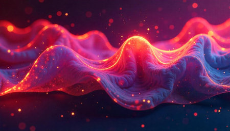 Abstract Glowing Waves Illustration in Red and Purple Tonesの写真素材