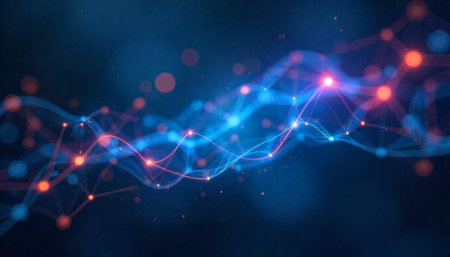 Abstract blue network background with red glowing connection points
