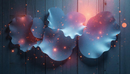 Abstract blue paper cutouts with orange particles on wood