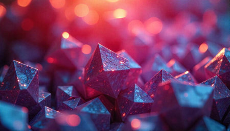 Abstract geometric crystals with glowing particles and bokeh background