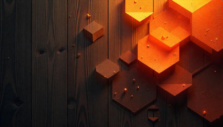 Abstract arrangement of orange hexagons on textured wooden backdrop