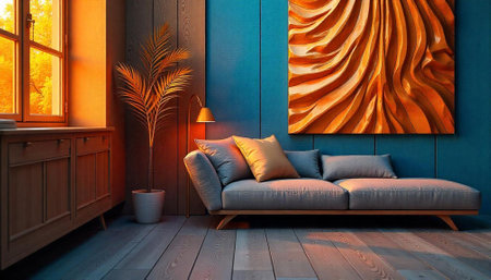 Cozy interior with abstract art and neutral color scheme