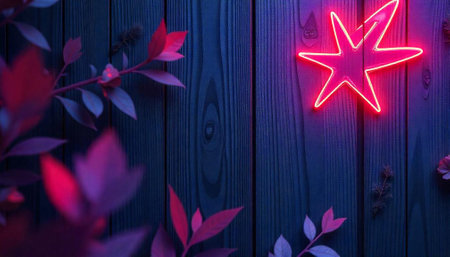 Neon star on wood with leaves dark blue setting