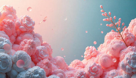 Floral blooms in soft pinks and delicate blue tonesの写真素材