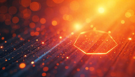 Glowing hexagon with bokeh on dark wooden surface