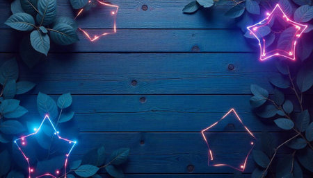 Neon Star Garland and Greenery on Dark Blue Woodの写真素材
