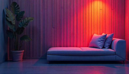 Modern living room with colorful accent lighting and plant