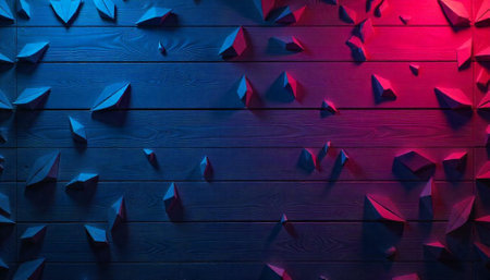 Geometric shapes on wood background with blue and red lighting