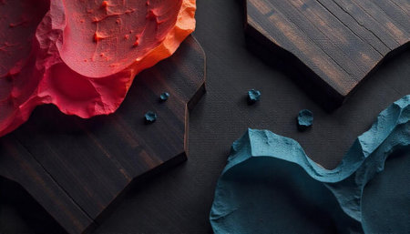 Abstract arrangement of textured shapes on dark background