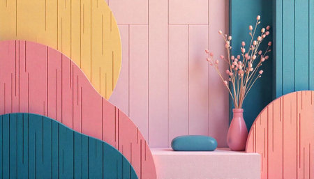 Pastel geometric stage backdrop with vase and small decoration
