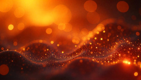 3d rendering of abstract red particles wave with depth of field and bokeh lights on dark background.の写真素材