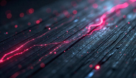 Abstract Glowing Red Lines on Dark Textured Wood Surface