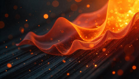 Abstract flowing orange light with bokeh on dark backgroundの写真素材