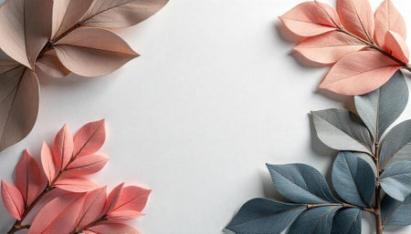 Elegant leaf branch frame against clean white background backdropの写真素材