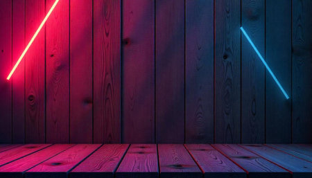 Wooden platform with vibrant neon lights background for productの写真素材