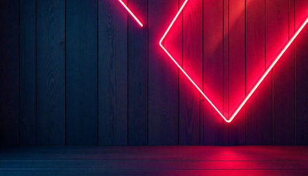 Neon lights on blue wooden background. 3d render illustration.の写真素材