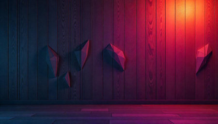 Abstract polygonal shapes on a wooden wall with neon lighting