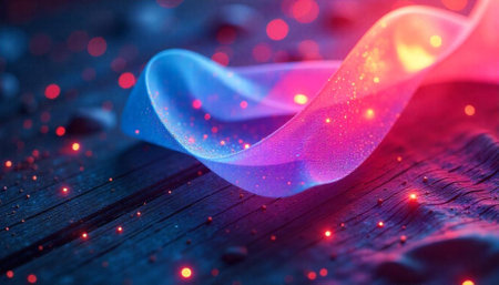 Abstract ribbon on wood with sparkling dots backdrop imageの写真素材