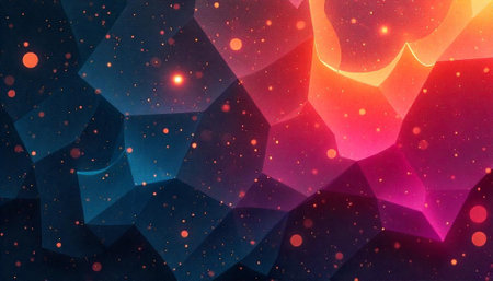 Abstract faceted backdrop with light particles and color gradientsの写真素材